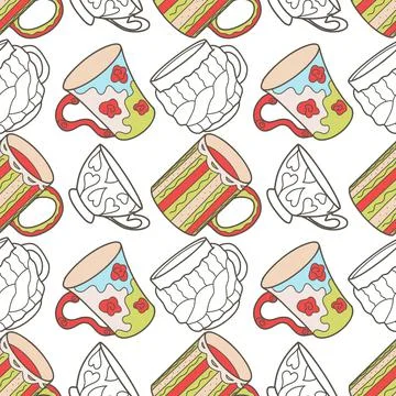 Vector seamless pattern on the fun cups for tea and coffee Stock Illustration