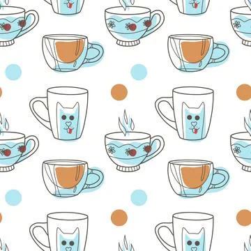 Vector seamless pattern on the fun cups for tea and coffee Stock Illustration