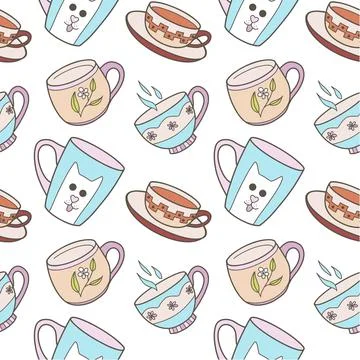 Vector seamless pattern on the fun cups for tea and coffee Illustrazione stock
