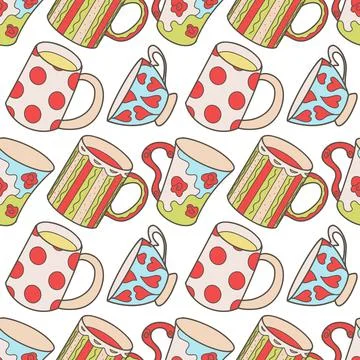 Vector seamless pattern on the fun cups for tea and coffee Stock Illustration