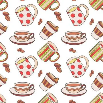 Vector seamless pattern on the fun cups for tea and coffee Illustrazione stock