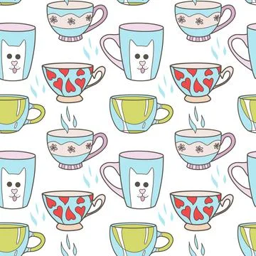 Vector seamless pattern on the fun cups for tea and coffee Illustrazione stock