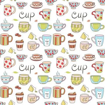 Vector seamless pattern on the fun cups for tea and coffee Stock Illustration