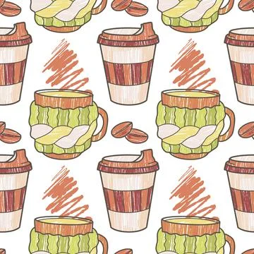 Vector seamless pattern on the fun cups for tea and coffee Stock Illustration
