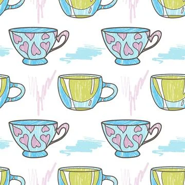 Vector seamless pattern on the fun cups for tea and coffee Stock Illustration