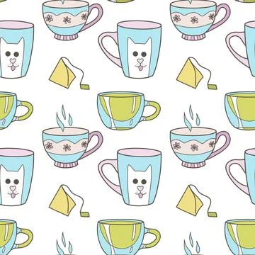 Vector seamless pattern on the fun cups for tea and coffee Illustrazione stock
