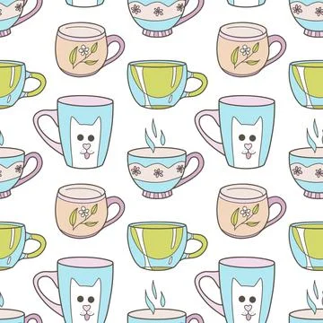 Vector seamless pattern on the fun cups for tea and coffee Stock Illustration