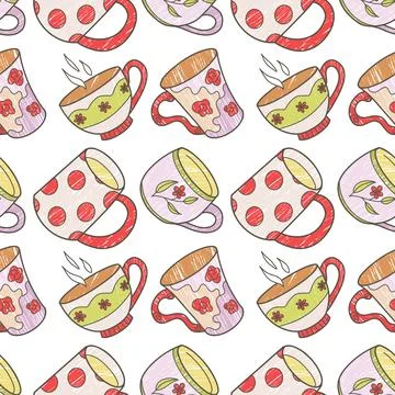 Vector seamless pattern on the fun cups for tea and coffee Stock Illustration