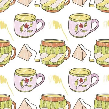 Vector seamless pattern on the fun cups for tea and coffee Stock Illustration