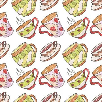 Vector seamless pattern on the fun cups for tea and coffee Stock Illustration