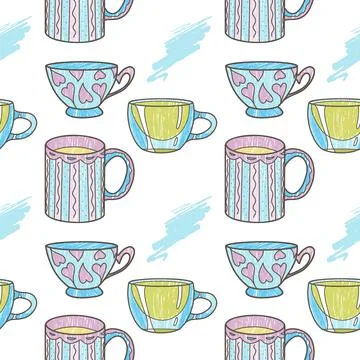 Vector seamless pattern on the fun cups for tea and coffee Stock Illustration