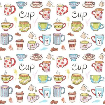 Vector seamless pattern on the fun cups for tea and coffee Stock Illustration