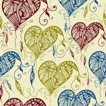 Vector seamless pattern with funky bright hearts and feathers Stock Illustration