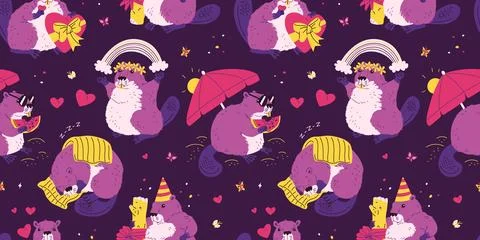 Vector seamless pattern with funny beavers: sleeping, surprised, wearing Stock Illustration