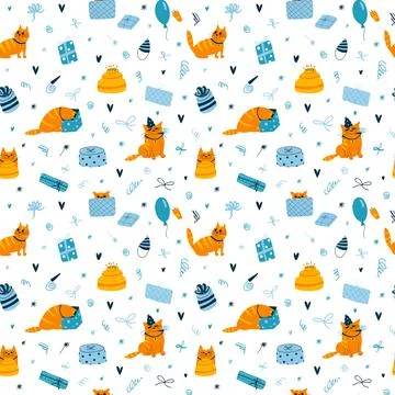 Vector seamless pattern with funny birthday cats on white background. Colorfu Stock Illustration