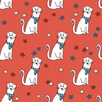 Vector seamless pattern with funny cats and stars Stock Illustration