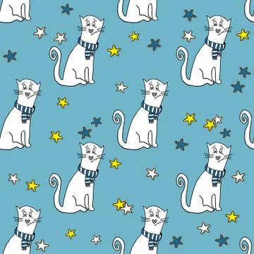 Vector seamless pattern with funny cats and stars Stock Illustration