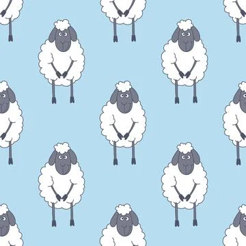 Vector Seamless Pattern with Funny Cute Sheeps on Blue Background. Cartoon Illustrazione stock