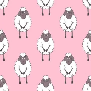 Vector Seamless Pattern with Funny Cute Sheeps on Pink Background. Cartoon Illustrazione stock