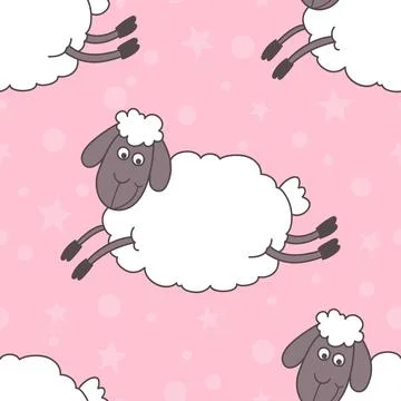Vector Seamless Pattern with Funny Cute Sheeps on Pink Background. Cartoon Stock Illustration