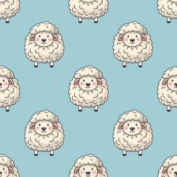 Vector Seamless Pattern with Funny Cute Sheep on Blue Background. Cartoon Sheep Stock Illustration