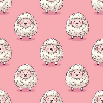 Vector Seamless Pattern with Funny Cute Sheep on Pink Background. Cartoon Sheep Stock Illustration