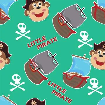 Vector seamless pattern with funny monkey pirate cartoon, 스톡 일러스트