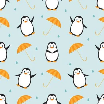 Vector seamless pattern. Funny penguins with umbrellas. Children's print Stock Illustration