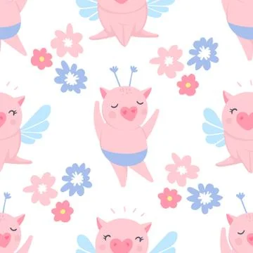 Vector seamless pattern with funny pigs. Pig background isolated on white. Stock Illustration