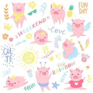 Vector seamless pattern with funny pigs. Pig background isolated on white. Stock Illustration