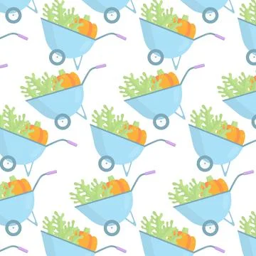 Vector seamless pattern with garden wheelbarrow and vegetables. Stock Illustration