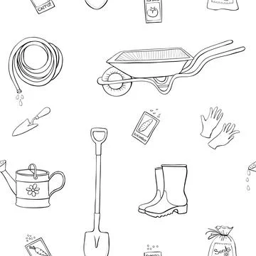 Vector seamless pattern with gardening tools. Outline texture in doodle style Illustrazione stock