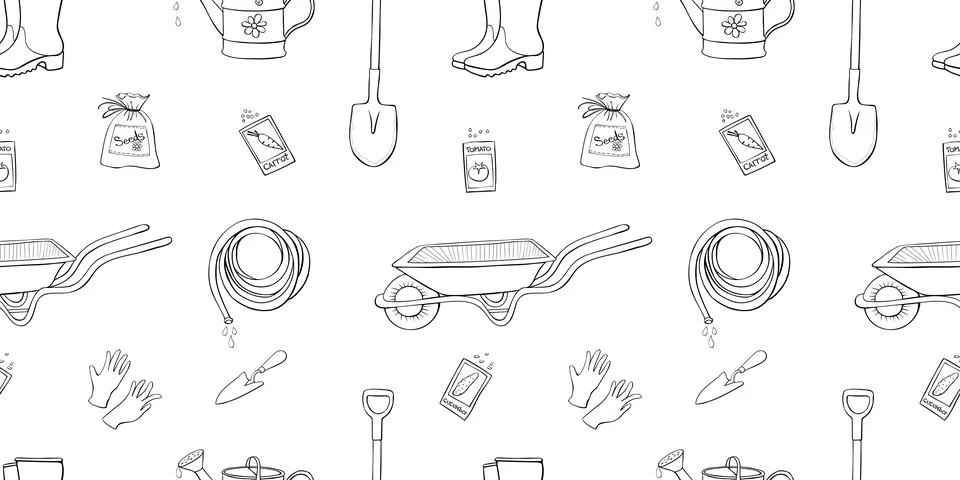 Vector seamless pattern with gardening tools. Outline texture in doodle sty.. Illustrazione stock