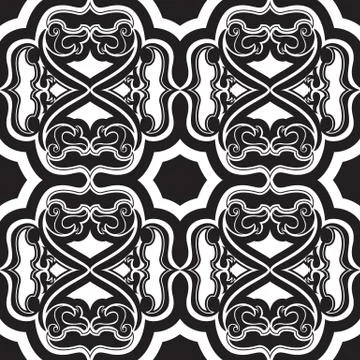 Vector seamless pattern of geometric and floral elements in black on a white Stock Illustration