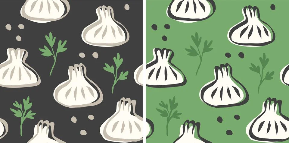Vector seamless pattern of Georgian food of khinkali in doodle style. Khink.. Иллюстрация