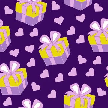 Vector seamless pattern gift box surprise packing with bow on purple backgrou Stockillustratie