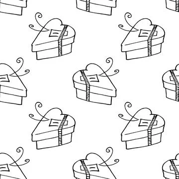 Vector seamless pattern with gift boxes in shape of heart. Hand drawn holiday Illustrazione stock