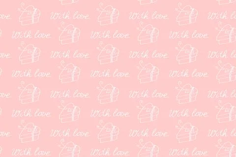 Vector seamless pattern with gift boxes in shape of heart and handwritten let Illustrazione stock