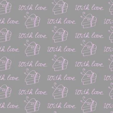Vector seamless pattern with gift boxes in shape of heart and handwritten let Illustrazione stock