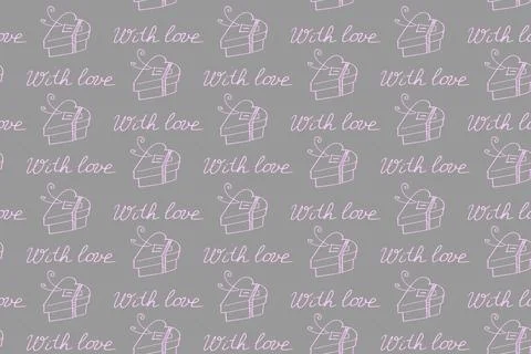 Vector seamless pattern with gift boxes in shape of heart and handwritten let Illustrazione stock