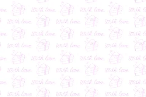 Vector seamless pattern with gift boxes in shape of heart and handwritten let Stock Illustration