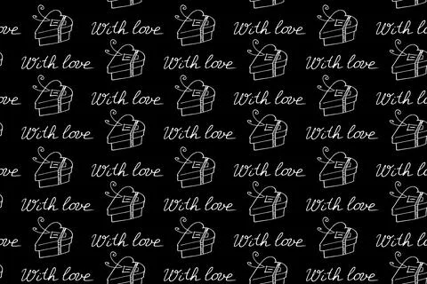 Vector seamless pattern with gift boxes in shape of heart and handwritten let 스톡 일러스트