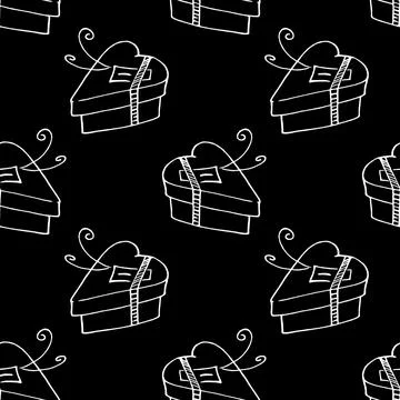 Vector seamless pattern with gift boxes in shape of heart. Hand drawn holiday Illustrazione stock