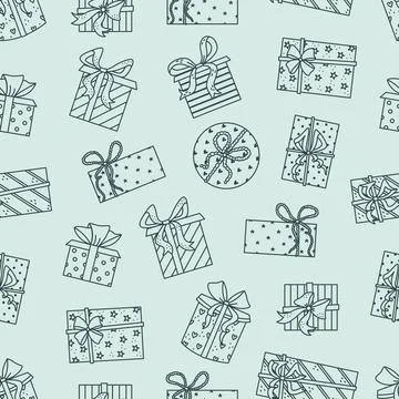 Vector seamless pattern with gift boxes in outline style. Celebration Stockillustratie