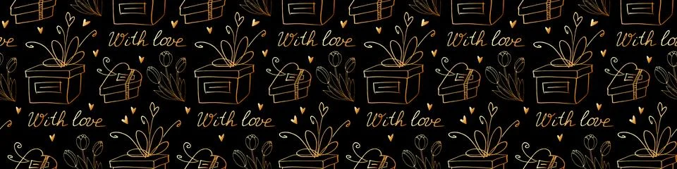 Vector seamless pattern with gift boxes, flowers, hearts and handwritten lett Illustrazione stock