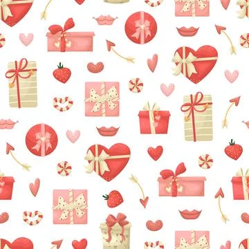 Vector seamless pattern with gift boxes, hearts and lips. Valentine's day bac Stock-Illustration