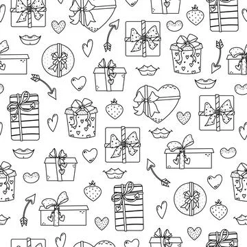 Vector seamless pattern with gift boxes, hearts and lips. Valentine's day bac Stock Illustration