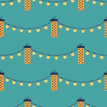 Vector seamless pattern with gift boxes and garlands on a green background. Stock Illustration