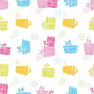 Vector seamless pattern with gift boxes and spots in pastel colors. Delicate Stock Illustration