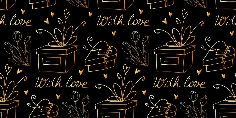 Vector seamless pattern with gift boxes, flowers, hearts and handwritten lett Illustrazione stock